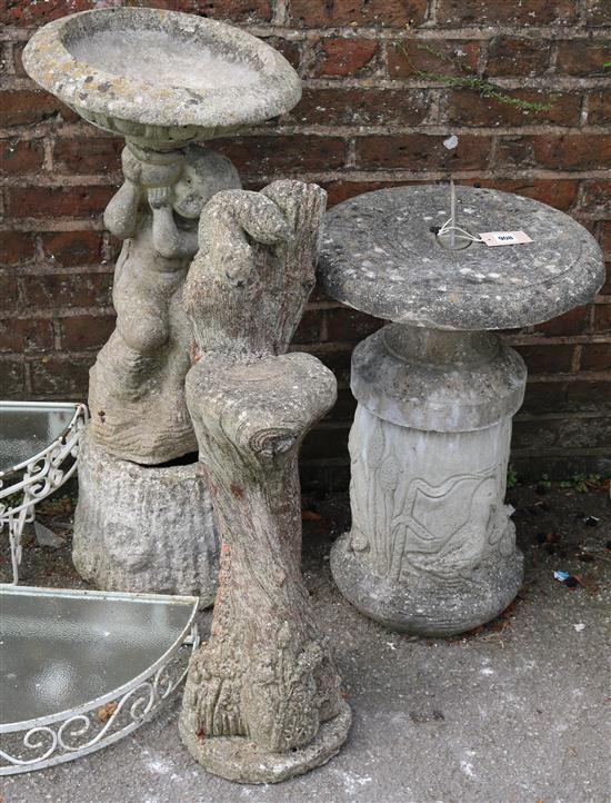 Sundial, cherub bird bath & squirrel seat